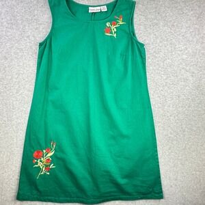 VTG Country Store Green Cotton Floral Embroidered Sleeveless Shift Dress Women M